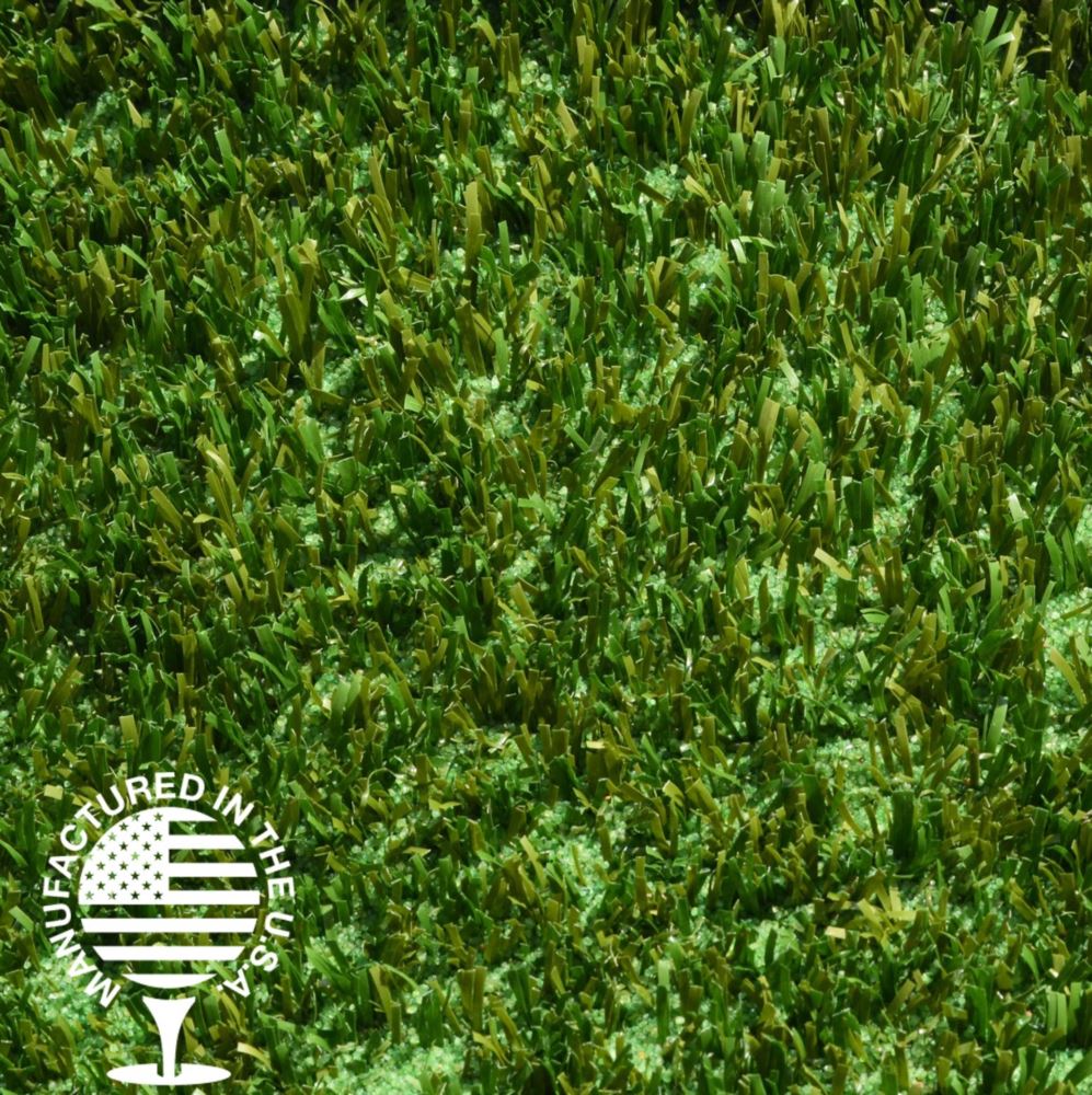 Close-up of field green and olive artificial grass turf, manufactured in the USA, featuring realistic color variation and durable fibers ideal for sports fields, playgrounds, and landscape installations by Southwest Greens.