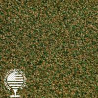 Artificial grass with brown and green fibers with a logo that says Manufactured in the USA