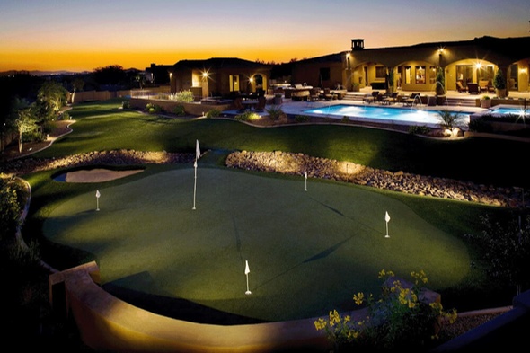 Southwest Greens of the Valley artificial golf green with sand trap at luxury home