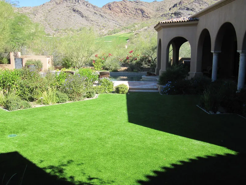 artificial turf in a front yard with a house and mountains in the background