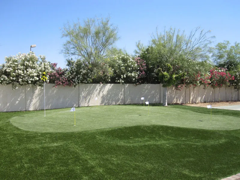 a putting green in a backyard with a fence