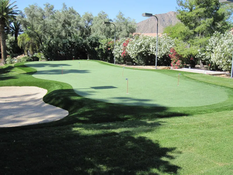 a putting green in a backyard with a light overhead