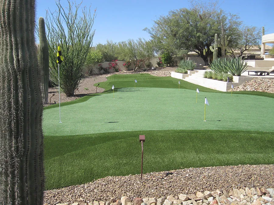 a putting green in a backyard with flag holes