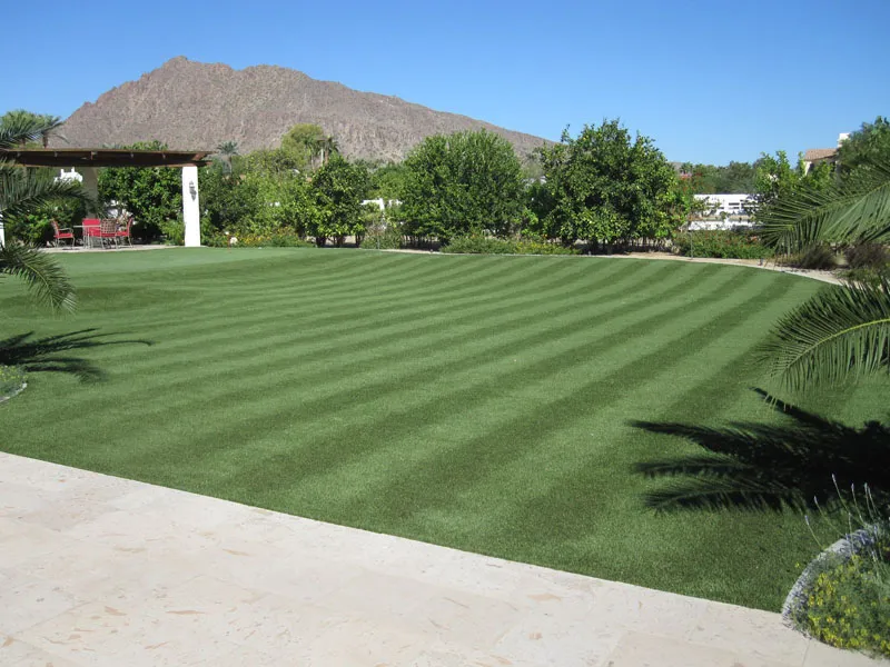 artificial turf in a backyard with a hill in the background
